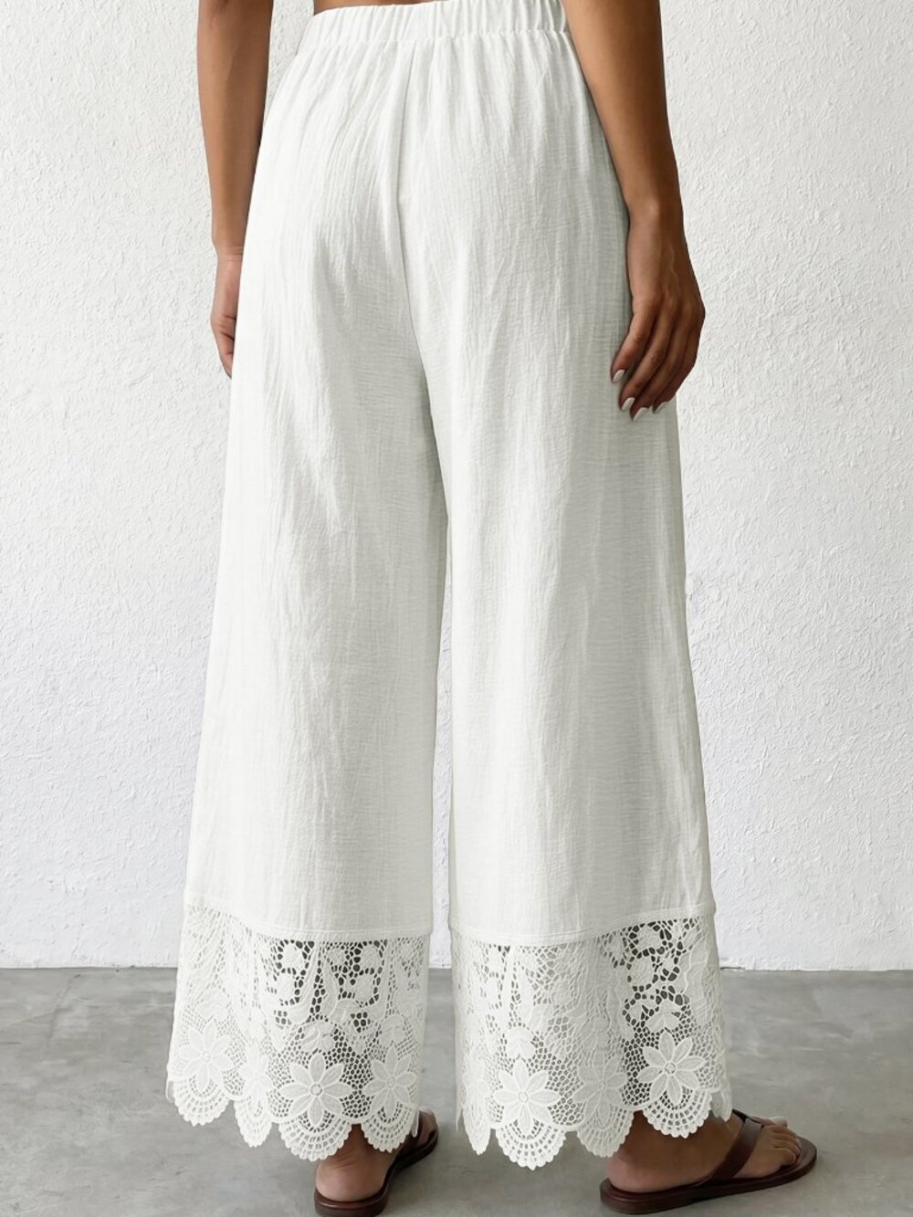 White Boho Casual Patchwork Women's lace trim Flowy Trousers - Picture 2 of 4